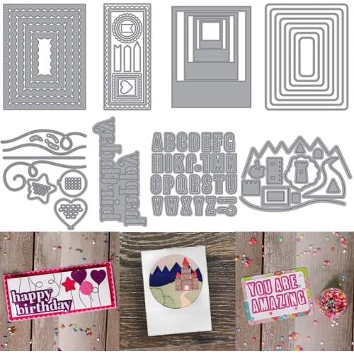 Metal Cutting Dies Set Scallop Rectangle Banner Round Layout Frame Happy Birthday Letters Ornament for DIY Album Cards 2021
