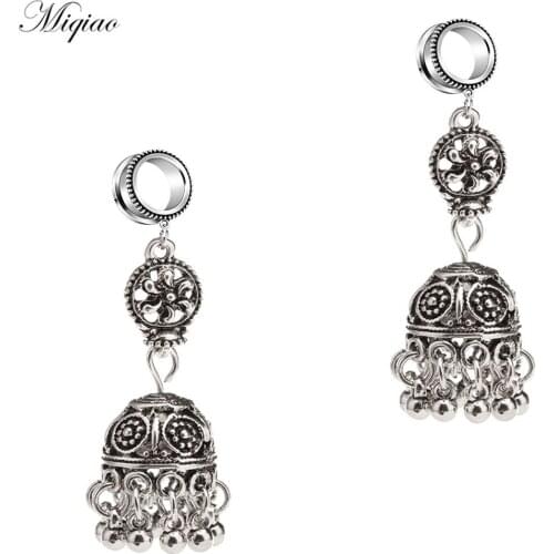 Miqiao 2pcs New Stainless Steel Hollow Carved Tassel Bell Dot Pulley Ear Expander Human Body Piercing Jewelry