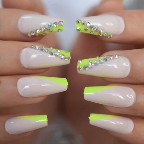 False Nails With Design Medium Long Coffin False Fake Nails With Rhinestone Decorate Press On French Nails Art