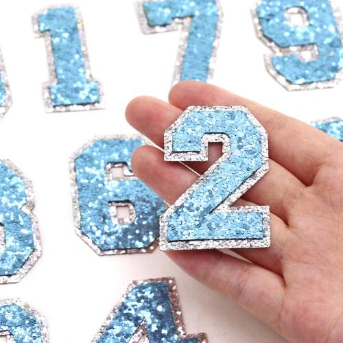1Pcs 0-9 Light Blue Sequins Number Patches Digital Iron On Patches For Clothes DIY Name Appliqued Stripes Garment Accessories