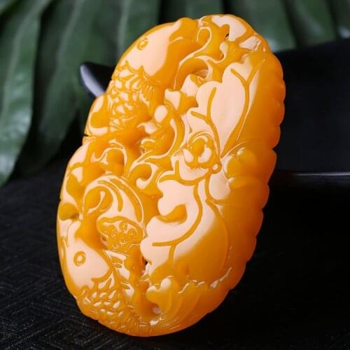 Natural Yellow Hand-carved Gold Fish Lotus Jade Pendant Jewelry Necklace Fashion Hollow Gold Fish Lotus Jade Pendant Necklace