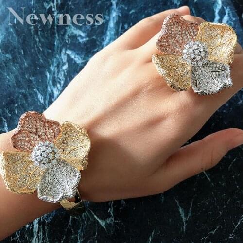 Newness Luxury Begonia Flower Luxury Super AAA Cubic Zirconia Bangle and Ring 3Tone Jewelry Set For Women Wedding Engagement Gif