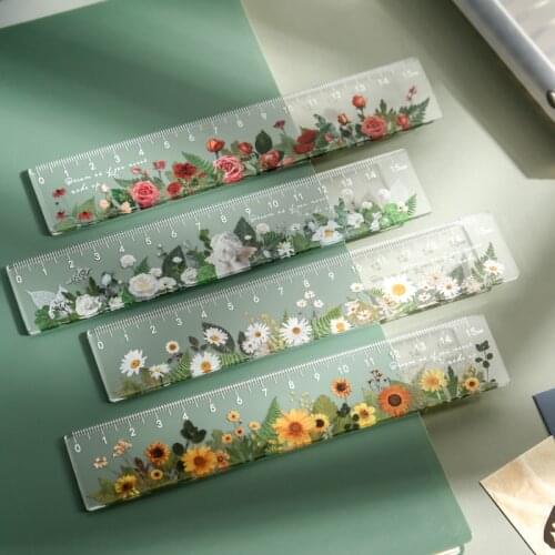 15 cm Transparent Acrylic Ruler Bullet Journaling Accessories Aesthetic Flowers Daisy Tulip Rose Sunflower Student Stationery