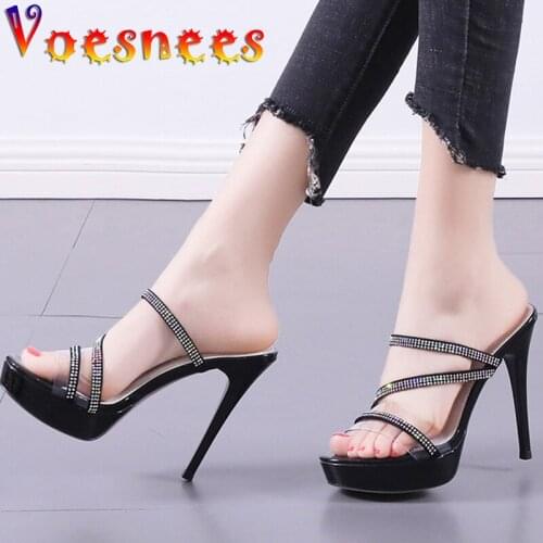 Transparent Sexy Women Shoes Rhinestone Chain Platform Slippers Walk Show All-Match Summer Sweet Wedding Thin High Heels Sandals