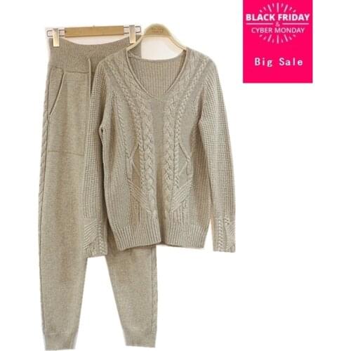 Twist 2020 winter Woolen and Cashmere Knitted warm Suit V neck Velvet Sweater + Mink Cashmere Trousers Leisure Two-piece wj1224