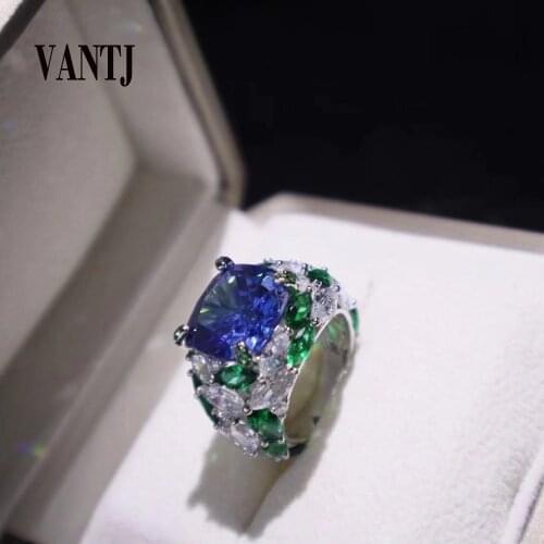 VANTJ Elegant Created Sapphire Rings Sterling 925 Silver Syn Tanzanite Gemstone for Women Party Wedding Jewelry Gift