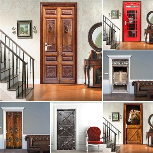 Vintage Pvc Waterproof 3d Door Sticker Self Adhesive Vinyl Retro Landscape Art Wallpaper on the Door Removable Home Decoration