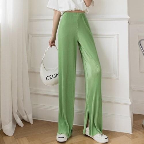 Long maxi wide leg pants womens Summer new high waist straight Ice silk pants plus size sexy Pleated trousers M-8XL
