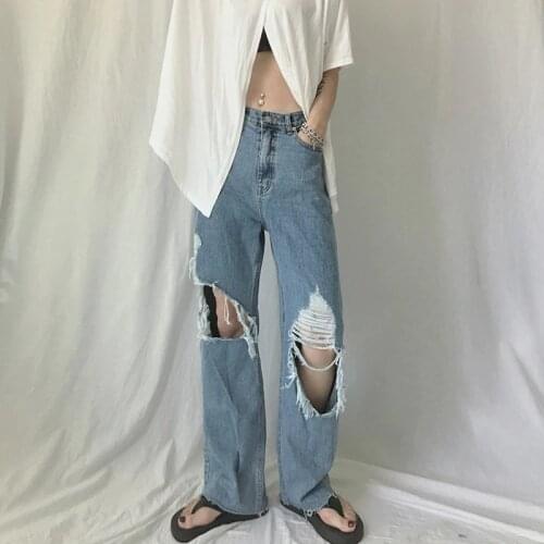 High Waist Hole Ripped Blue Jeans Women Y2K Vintage 90S Denim Straight Pants Streetwear Hollow Boyfriend Baggy Denim Trousers