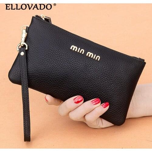 Ellovado Genuine Leather Women Clutch Bag Multi-colored Pocket Purse Card Holder Wallet Female Fashion Coin Burse Money Bag
