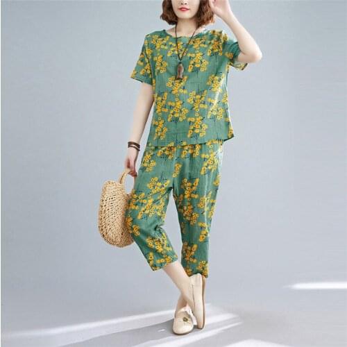 2021 summer Women Two Piece Outfits Korean Printing Fashion Casual short Sleeved Trousers Women Set 2 Pieces Plus Size Clothes
