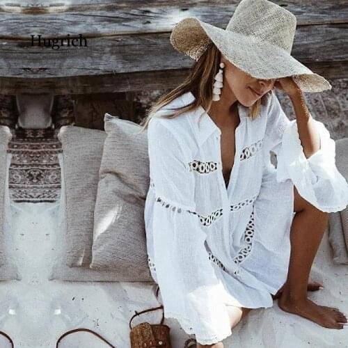 Women Swimsuit Cover Ups Mandarin Sleeve Kaftan Beach Tunic Dress Robe De Plage Solid White Pareo Beach Cover-ups