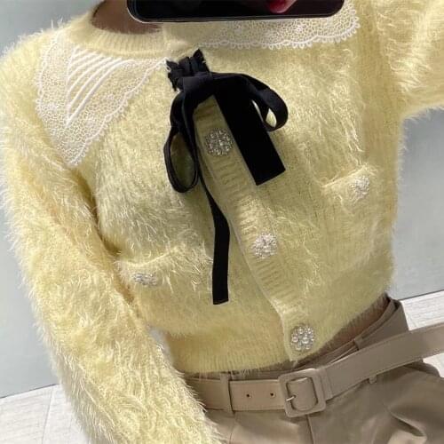 Women Sweater 2021 Early Autumn Bowknot Lace Rhinestone Single-breasted Sweater Knit Cardigan