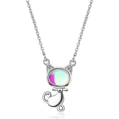 New Personality Moonstone Sweet Animal 925 Sterling Silver Jewelry Sweet Cat Playful Kitten Crystal Women Pendant Necklaces H406