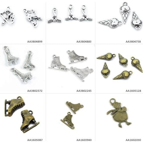 Antique Bronze Silver Plated Jewelry Making Charms Girl Skating Ice Skate Shoes Cream Roller Skates Hockey Stick Crafting Craft