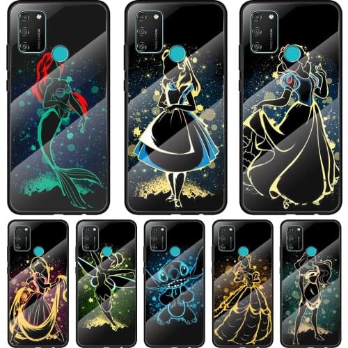 Elsa Ariel Princess Tempered Glass Cover For Honor 30 20 10 9X 8X Pro Plus Lite Silicone Phone Case Coque
