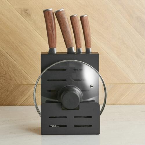 Black Steel Sink Stand Kitchen 2 in 1 Knives Holder with Pot Lid and Chopping Board Storage Rack Accessory Organizer Container