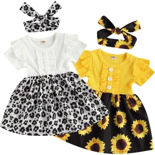 Kids Dress, Girls Floral Round Neck Short Sleeve One-Piece Ruffle Dress for Summer Fall, White/Yellow New Style 2021