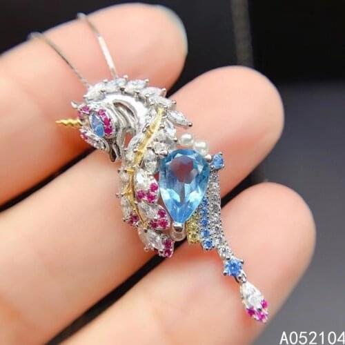 KJJEAXCMY fine jewelry 925 Sterling Silver inlaid natural Sky Blue Topaz Women exquisite unicorn water drop GEM PENDANT necklace