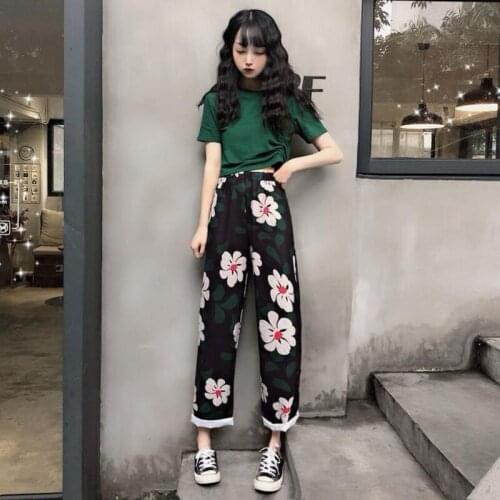 Fashion female suit summer Korean loose elegant Printing casual wide leg pants Trousers & Drawstring Tee Shirts suits tw