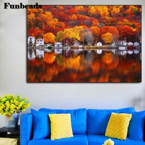 5D DIY Diamond Painting kit home art Autumn Landscape Tree wooden house Lake cross stitch full square diamond embroidery FF3839
