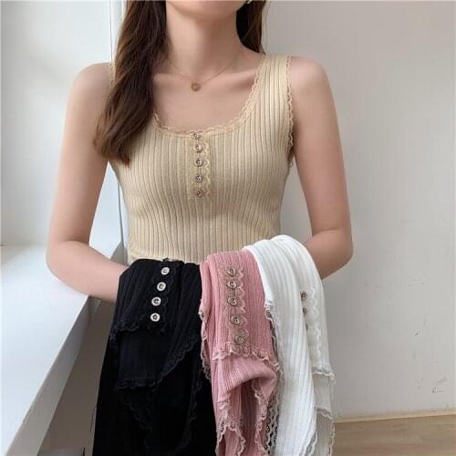 The New Women Knitted Summer O Neck Vest New Lace Stitching Plain Weave camisole Vest Womens Sleeveless Blouse Tops T-Shirt