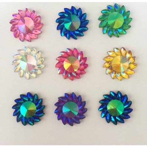 NEW DIY 100pcs 20mm AB Resin Flower Rhinestone Flatback Wedding 2 Hole Crafts K87*10