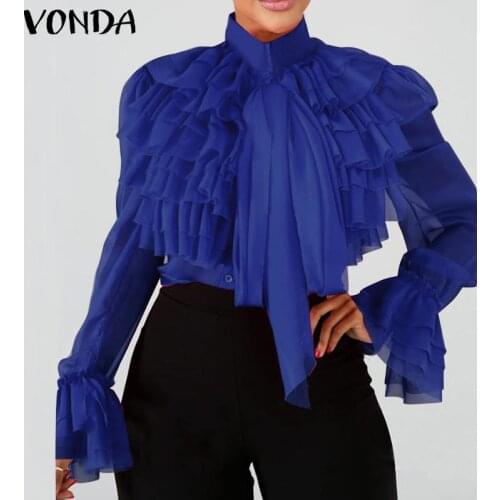 Office Blouse VONDA Casual Stand Collar Ruffled Tops Loose Long Sleeved Button Up Bohemian Blusas Femininas Plus Size Party Tops