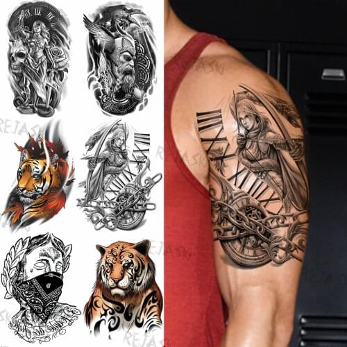 Realistic Samurai Compass Chain Fake Tatoos For Men Women Tiger Masked Lion Skull Temporary Tattoos DIY Gangster Tattoo Stickers