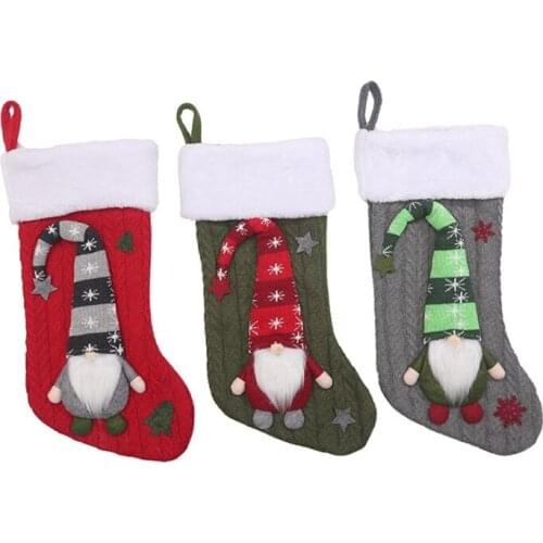 Christmas Knitted Stocking with Cute 3D Plush Long Hat Swedish Gnome Santa Xmas Sock Candy Gift Bag for Fireplace Hangin N0PA