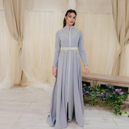 Silver Muslim Moroccan Caftan Evening Dress With Applique Sequins Pearls Summer Dress Saudi Arabia Prom Dresses Custom Made