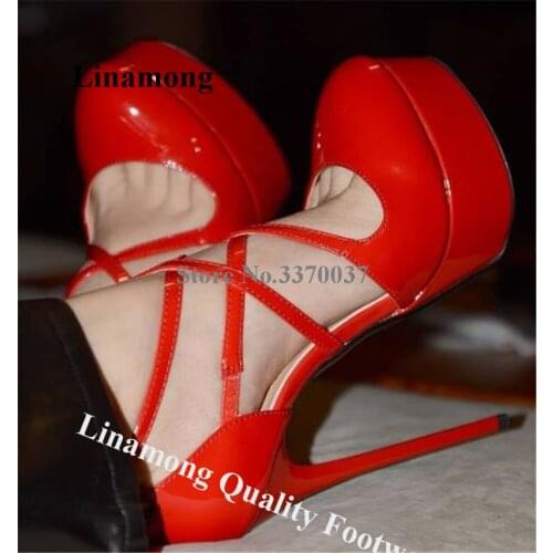 Women Elegant Round Toe Patent Leather High Platform Stiletto Heel Pumps Red Black Straps Cross High Heels Club Dress Shoes