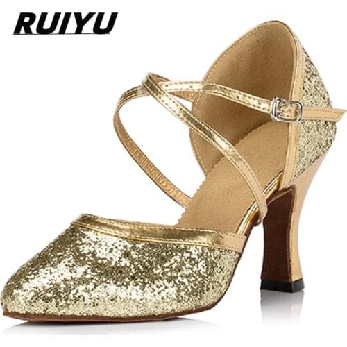 RUIYU Latin Shoes Ladies Tango Salsa Ballroom pro Dance Shoes High Heels Sequins Sneakers Gold and Silver