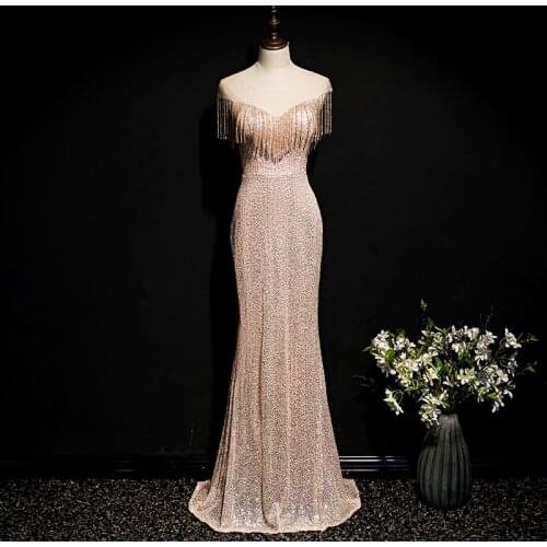 Evening Dress Sequins Fashion O-Neck Empire Floor-Length Tassel Short Sleeves Mermaid Backless Party Formal Dresses Woman B990