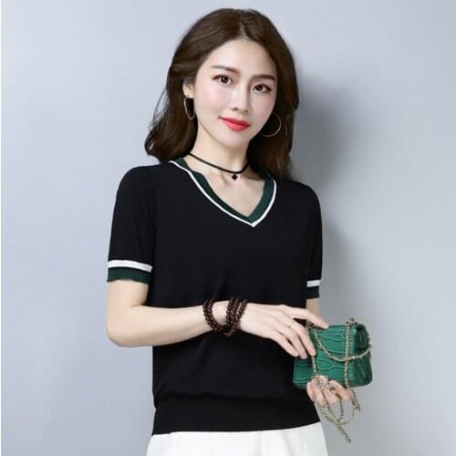 Women Patchwork V-Neck Knit T-Shirt Summer Thin Short Sleeve Knitwear Tops Korean Ice Silk Loose Base Tee Oversize Casual Jumper