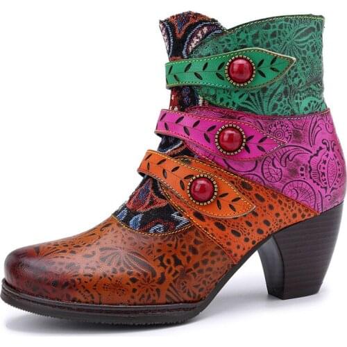 Retro Woman Boots Printing Rope Embossing Genuine Leather Flower Splicing 6CM Thick High Heel Boots Ladies 2020 Shoes Women
