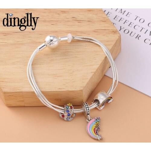 Dinglly New 3 Snake Chain Bracelets For Women Original Rainbow Pendant Christmas Tree Beaded Silver Color Bracelet Gift