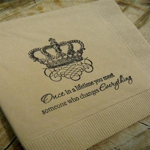 Custom Wedding Napkins Vintage Crown Once in a Lifetime Royal Light Burlap 3 Ply Paper Beverage Cocktail Napkins Classical