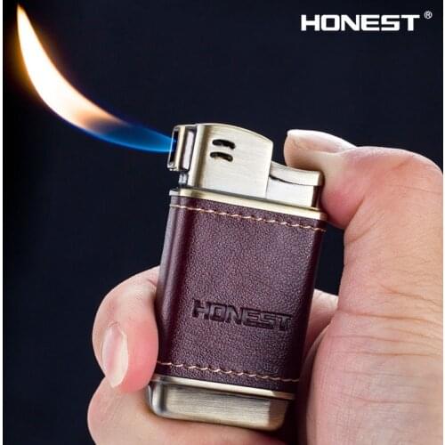 Honest Boutique Gas inflatable lighter pipe oblique fire design lighter leather metal creative Windproof smoking tools