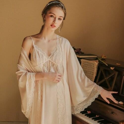 Bathrobe Autumn Robe Gown Set 2 Pieces Sleepwear Women Home Wear Peignoir Set Bathrobe Transparent Kimono Lace Nightdress
