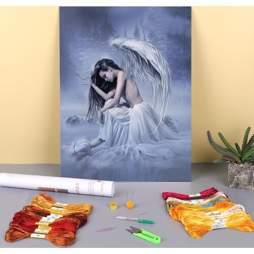 Black Angel Beauty Printed Canvas 11CT Cross-Stitch Patterns Embroidery DMC Threads Painting Needlework Sewing Wholesale