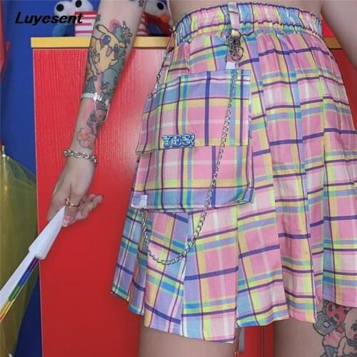Y2k Plaid Girl Pleated Mini Skirt Colorful Sexy Lady High Waist Harajuku Sweet Skirts Pocket Chains Goth Korean Fashion Clothes