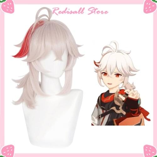 Genshin Impact Cosplay Kaedehara Kazuha Wig Ponytail Pale Blonde Mixed Red Synthetic Hair Adult Women Free Wig Cap