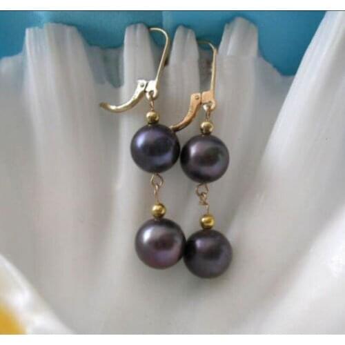 Stunning AAA+ 9-10mm round natural black pearl dangle earring