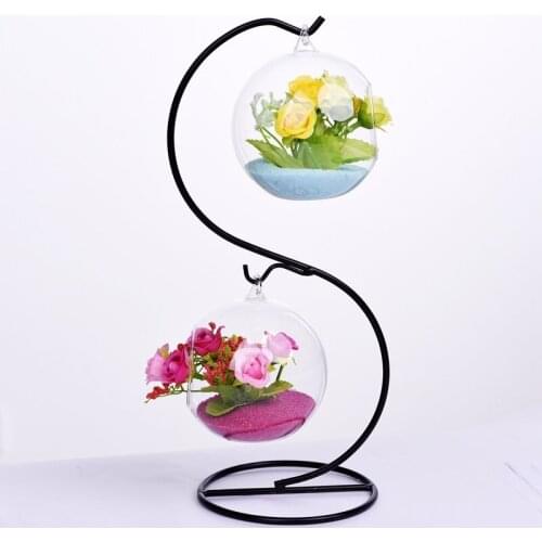 2sets/pack S Type Glass Vase with Metal Stand Home Decoration Hanging Glass Terrarium Vase Beautiful Wedding Party Event Gifts