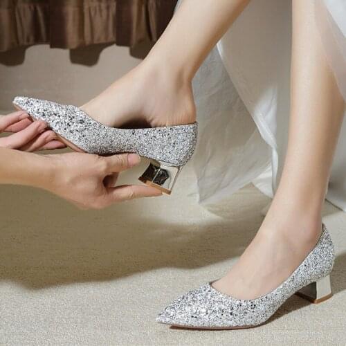 Wedding shoes women thick with 2019 new winter wedding bride shoes white sequined dress high heels wedding bridesmaid shoes