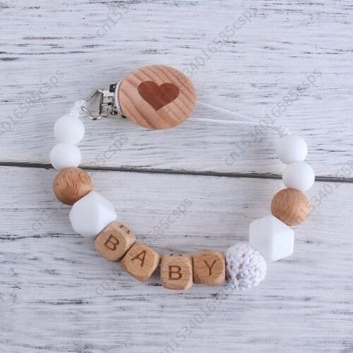 Personalized Name Custom Baby Name Pacifier Clips Beech Beads Handmade Silicone Pacifier Chains Toddler Teether Teething Chain