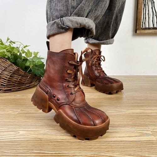 Women Platform Boots Soft Genuine Leather Ankle Boots Women Punk Motorcycle Boots Chunky Shoes Thick Bottom Shoes Botas Mujer