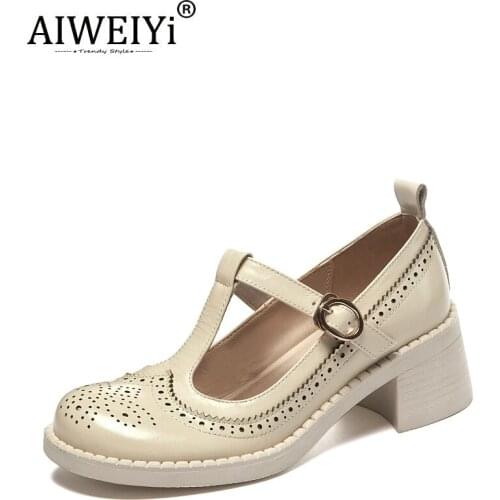 AIWEIYi British Retro Woman Shoes Brogues Women Loafers Spring Leather Shoes Thick High Heels Shoes Platform Pumps