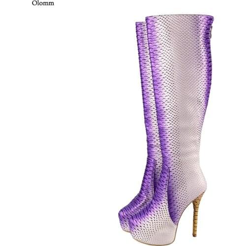 Olomm Women Winter Platform Knee High Boots Sexy Thin High Heels Round Toe Gorgeous Purple Club Shoes Women Plus US Size 5-20